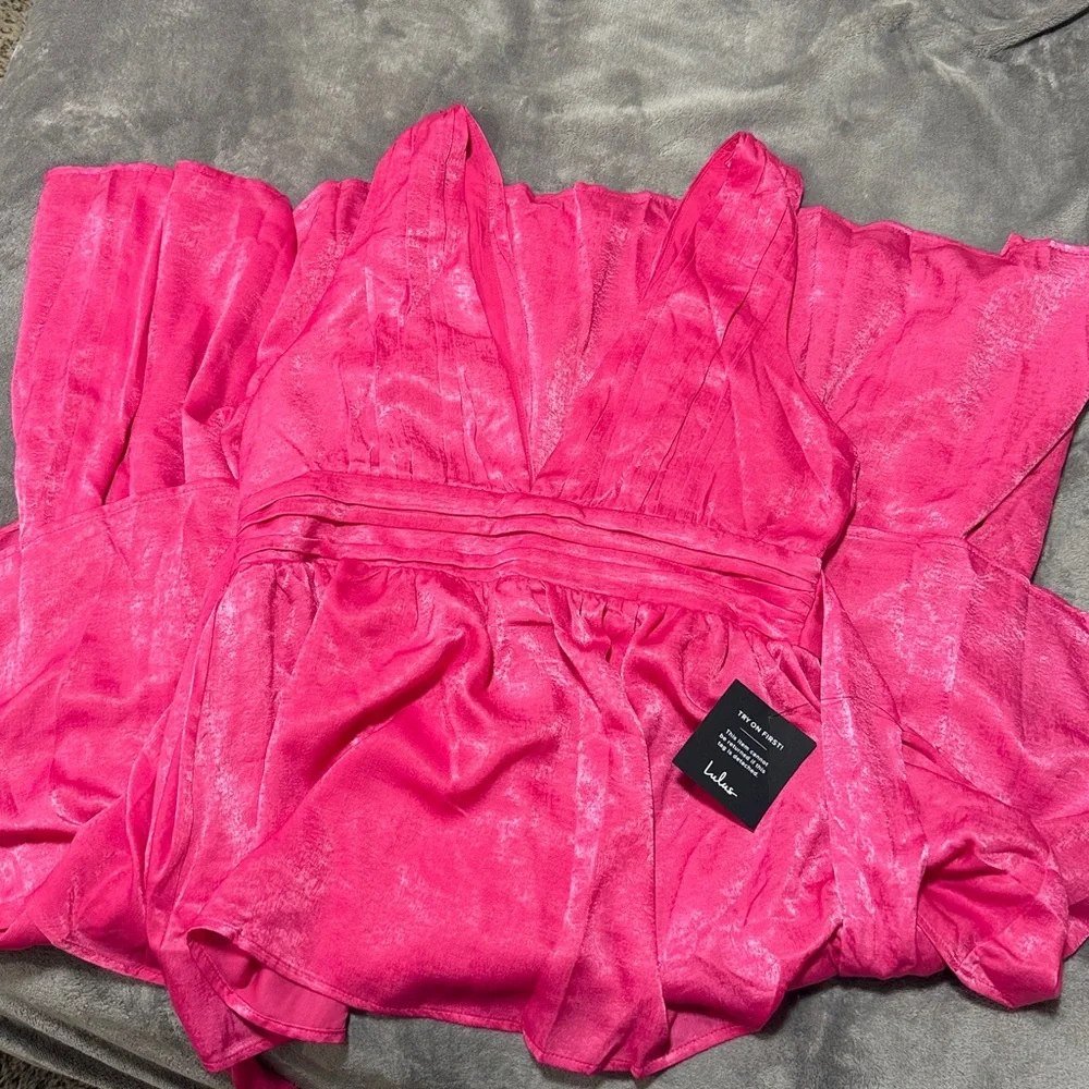 NWT Lulus Peak Party Vibe Hot Pink Satin Tiered Tie-Back Midi Dress - Picture 8 of 8